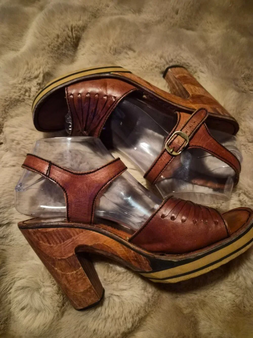 Vintage 1970 Thom McAn Wooden Platform Wedge Sandles